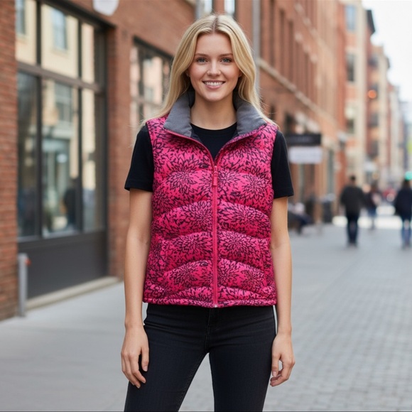 LANDS END Down Filled Puffer Vest Quilted Rose Print Ski Winter Hiking Wear Sz S - Picture 1 of 6